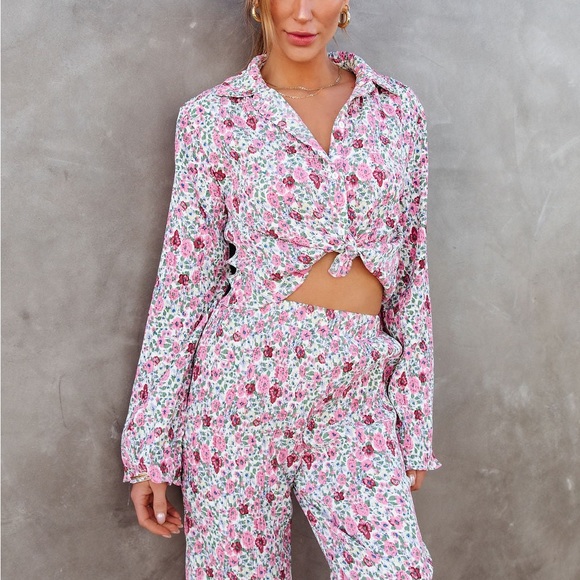 VICI Mable Rosaline Floral Plisse Button Down Shirt Set Womens Size Small - Picture 4 of 12